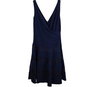 Lauren Ralph‎ Lauren Navy Blue Lace Trimmed Midi Dress Size 10